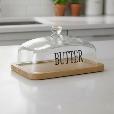 LUMINARC Cheese bowl dark wooden stand-glass lid